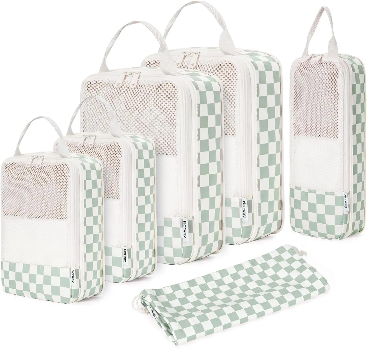 Narwey 6 Set Checkered Compression Packing Cubes for Travel Women Kids Carry on, Cute Packing Organizers Bag for Luggage Suitcase Backpack Duffle Bags (Mint Green Checkerboard)