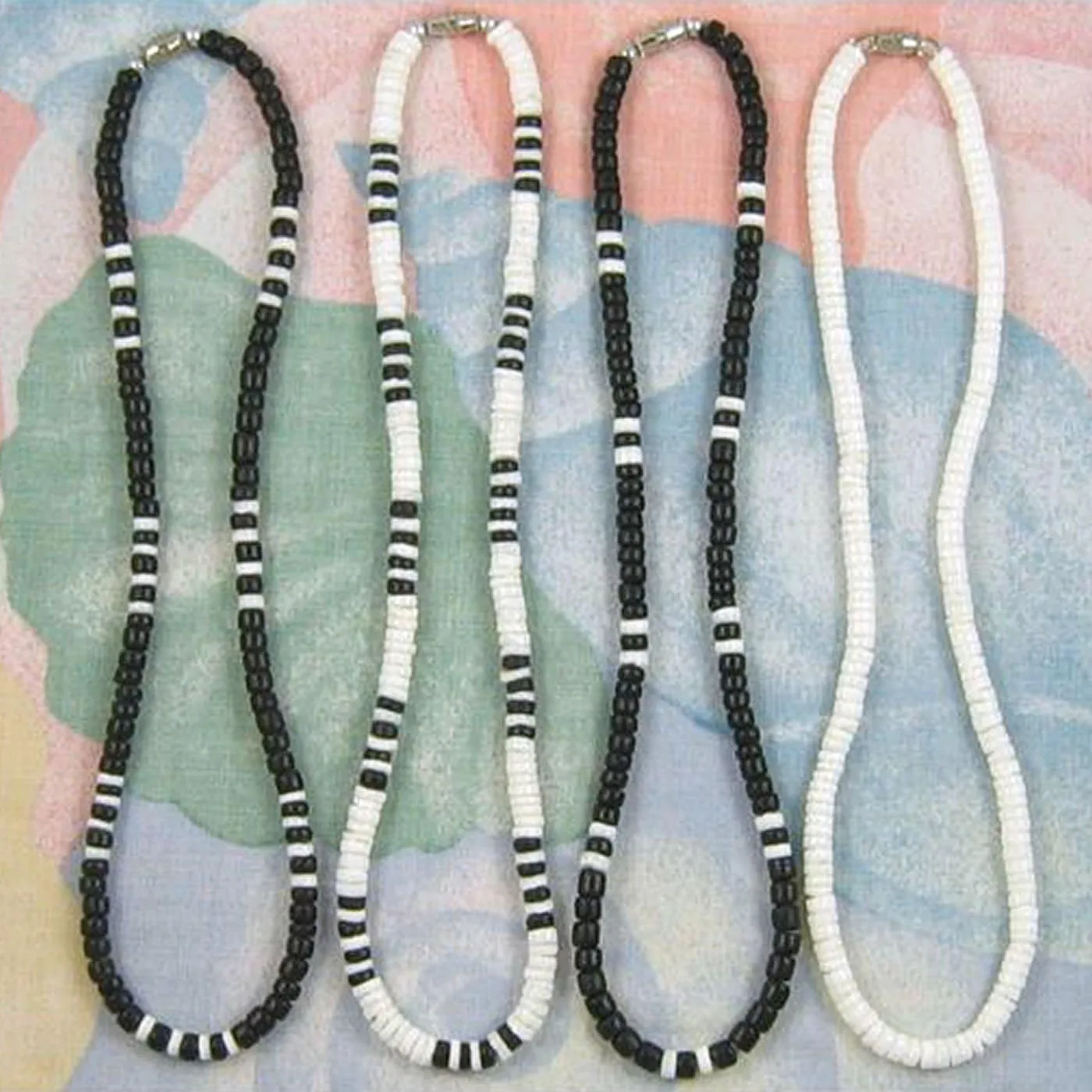 Native Treasure (4 Pack) Mens and Womens Summer Beach Surfer Necklaces From the Philippines, Black Coconut Beads with White Clam Heishe Ark Shells, Mens Summer Necklaces