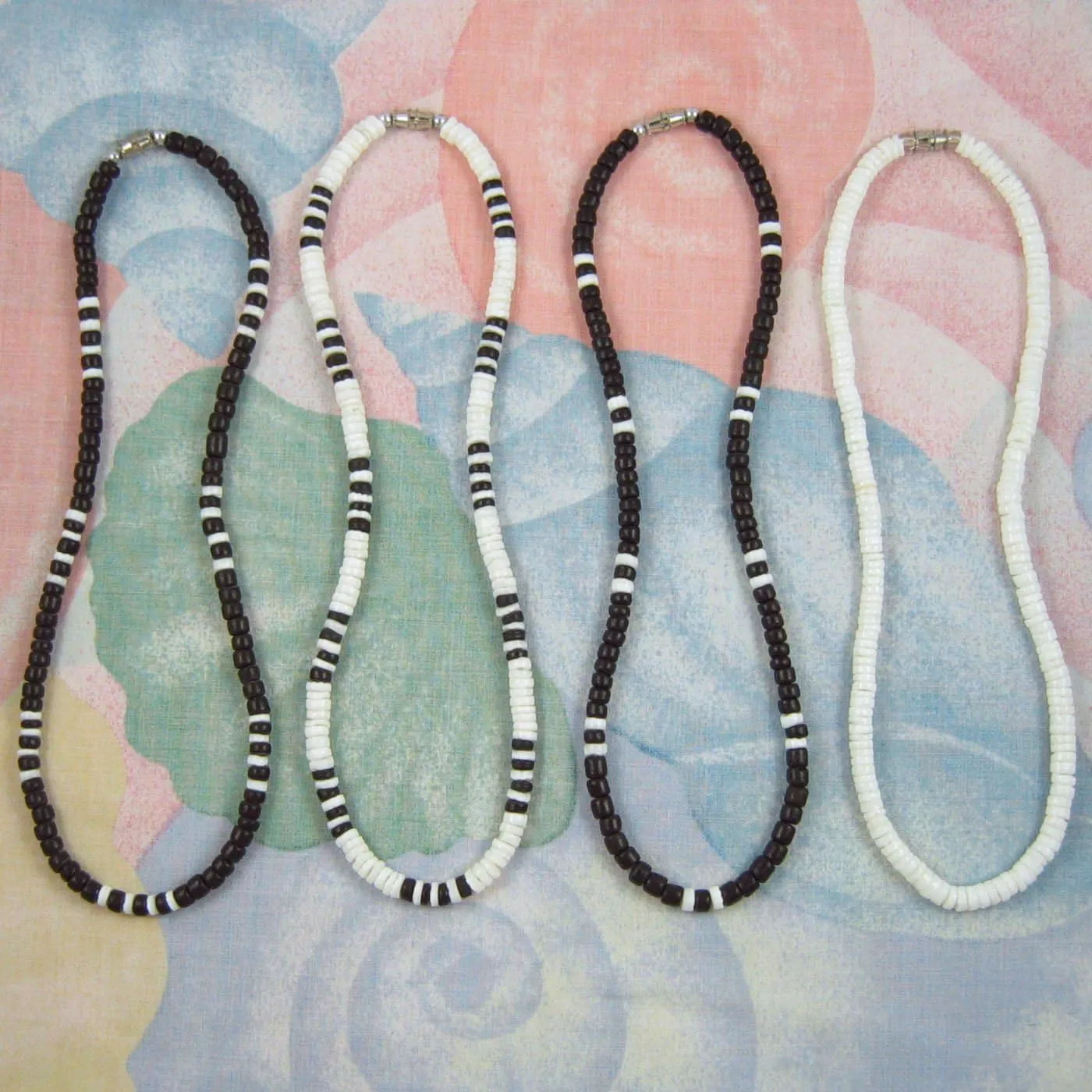 Native Treasure (4 Pack) Mens and Womens Summer Beach Surfer Necklaces From the Philippines, Black Coconut Beads with White Clam Heishe Ark Shells, Mens Summer Necklaces