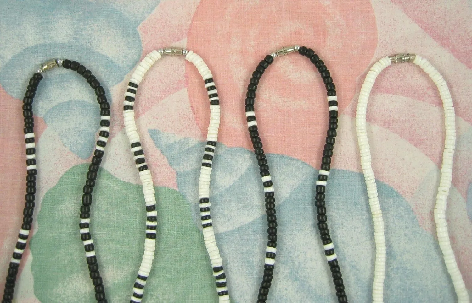 Native Treasure (4 Pack) Mens and Womens Summer Beach Surfer Necklaces From the Philippines, Black Coconut Beads with White Clam Heishe Ark Shells, Mens Summer Necklaces