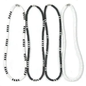 Native Treasure (4 Pack) Mens and Womens Summer Beach Surfer Necklaces From the Philippines, Black Coconut Beads with White Clam Heishe Ark Shells, Mens Summer Necklaces