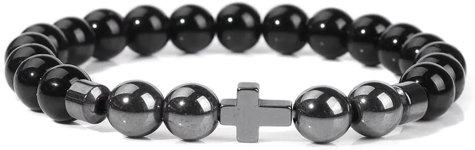 Natural Stone Bracelet Men Beads Bracelet Handmade Cross Pendant Bracelets Women Prayer Fitness Jewelry for 8mm (Metal Color: Smooth Black Glass - Length: 19CM)