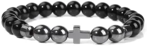 Natural Stone Bracelet Men Beads Bracelet Handmade Cross Pendant Bracelets Women Prayer Fitness Jewelry for 8mm (Metal Color: Smooth Black Glass - Length: 19CM)