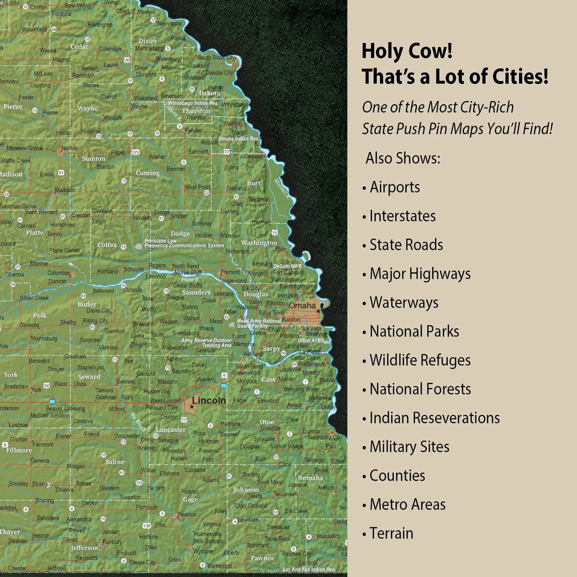 Nebraska Push Pin Terrain Map