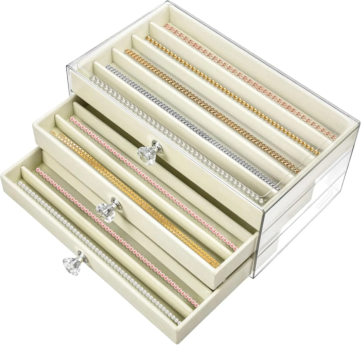 Necklace Organizer Box with Clear Lid Necklace Box Tray 3 Drawers 15 Compartments, Clear Necklaces Holder Storage Display Case, Acrylic Velvet Necklace Tray for Women and Girls
