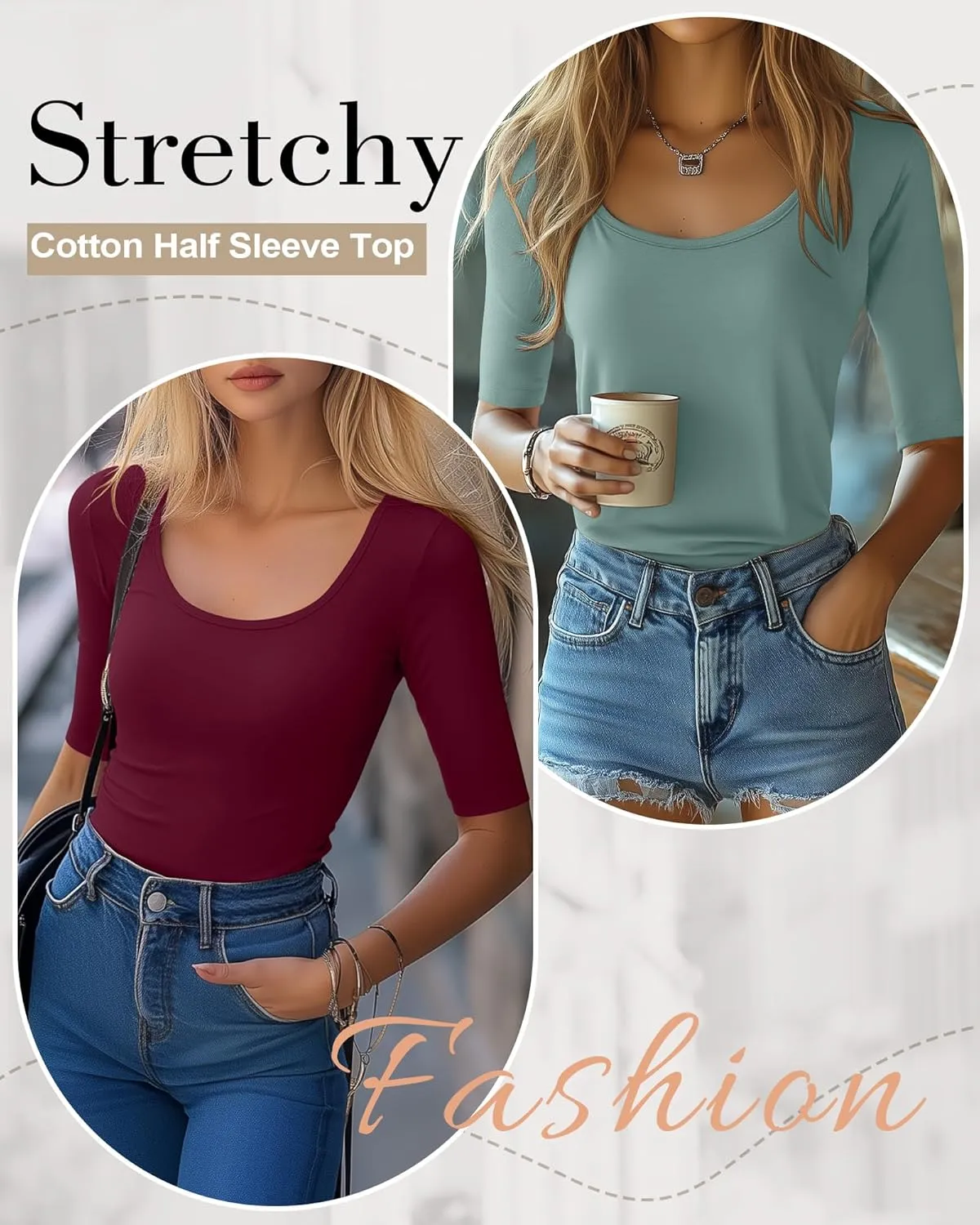 Neer 3 Pack Women's Scoop Neck Stretchy Tops Cotton Half Sleeve Slim Fitted T-Shirts Tight Casual Basic Summer Tees