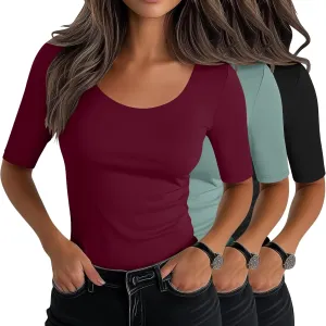 Neer 3 Pack Women's Scoop Neck Stretchy Tops Cotton Half Sleeve Slim Fitted T-Shirts Tight Casual Basic Summer Tees
