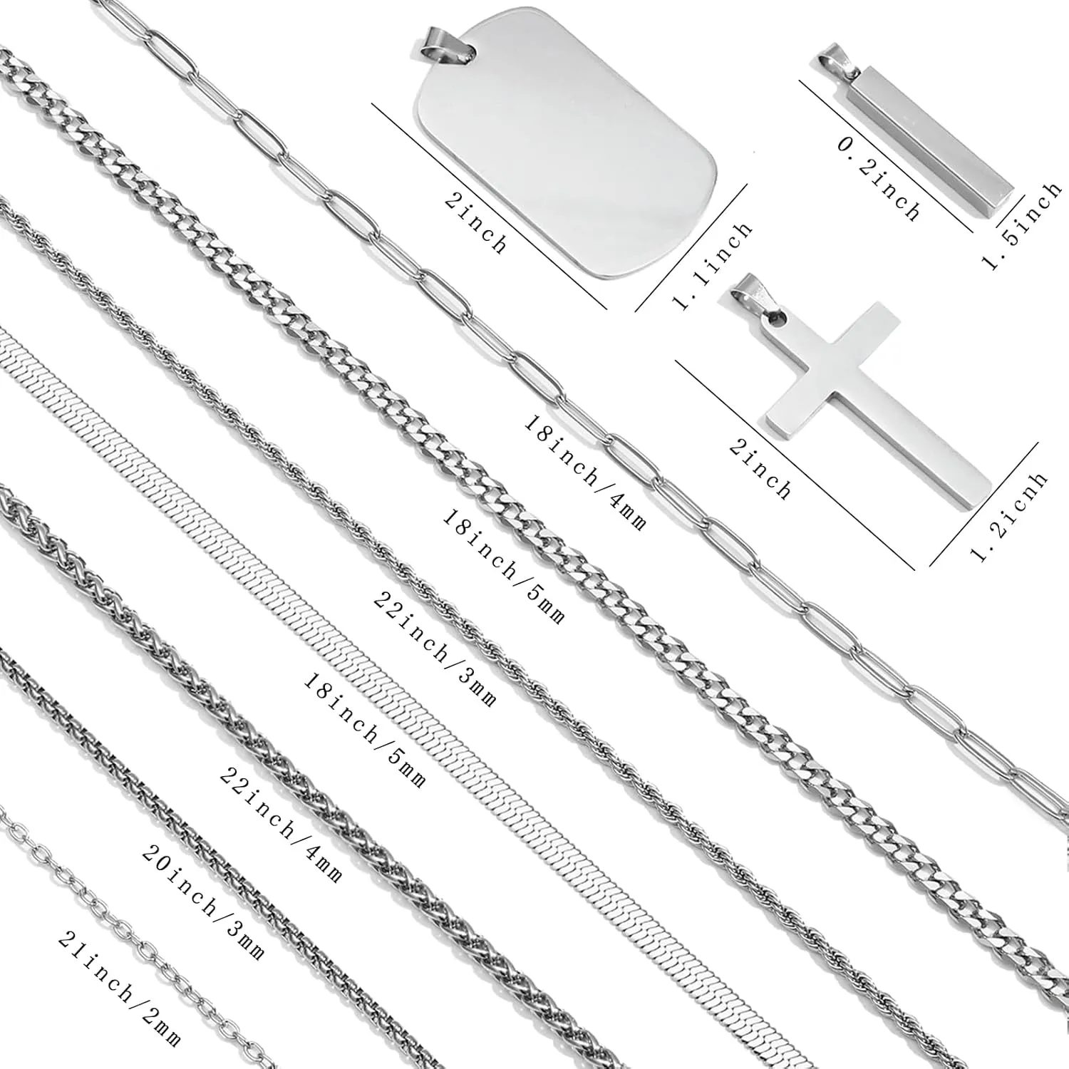 NEWITIN 15 Pieces Silver Jewelry Set for Men Stainless Steel Cuban Link Necklace Bracelet Cross Pendant Necklace Vintage Ring Cuban Jewelry Set for Men Women