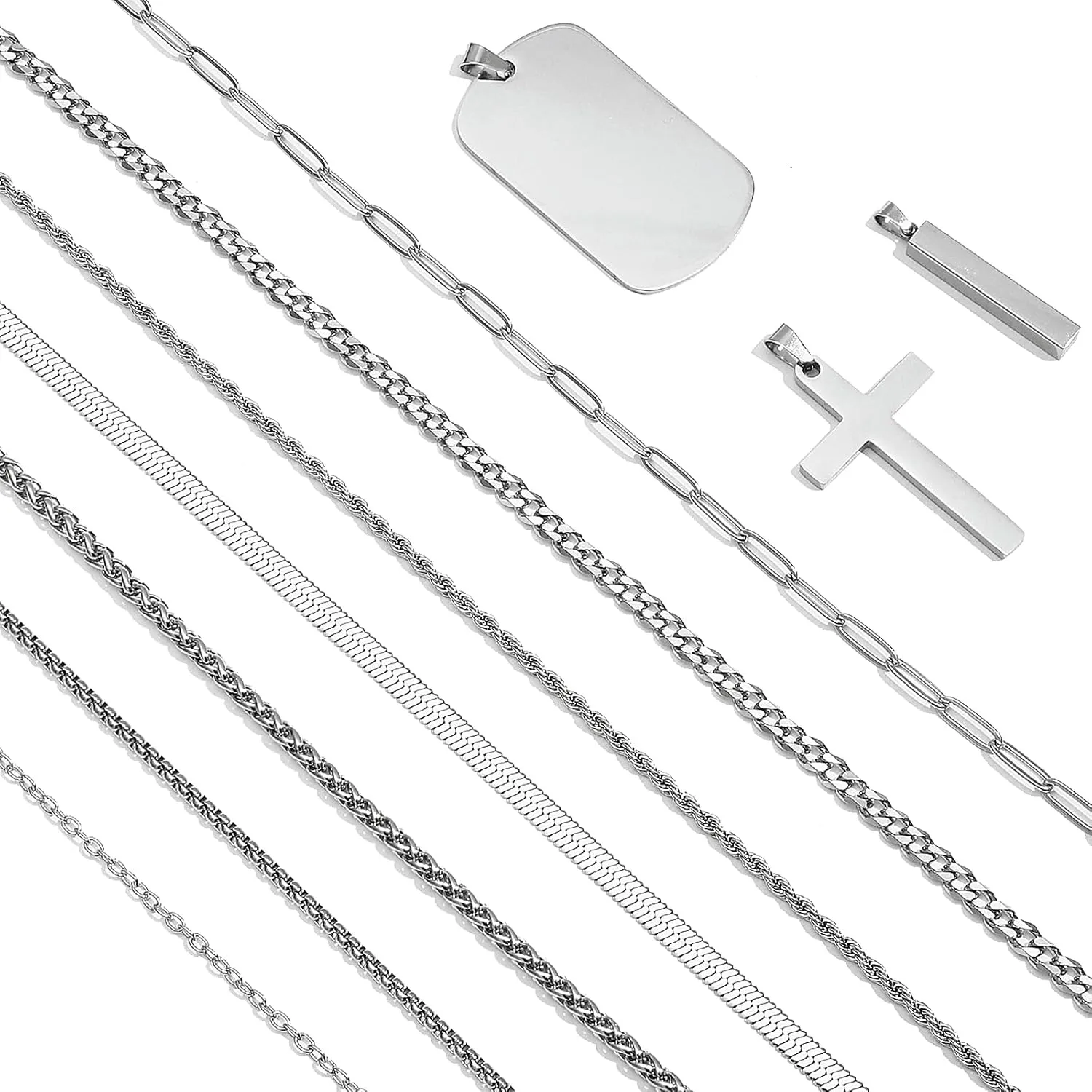 NEWITIN 15 Pieces Silver Jewelry Set for Men Stainless Steel Cuban Link Necklace Bracelet Cross Pendant Necklace Vintage Ring Cuban Jewelry Set for Men Women