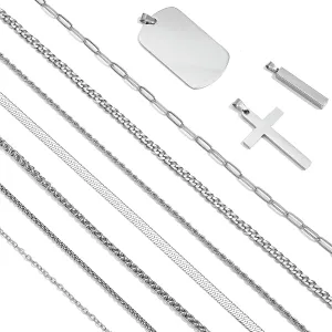 NEWITIN 15 Pieces Silver Jewelry Set for Men Stainless Steel Cuban Link Necklace Bracelet Cross Pendant Necklace Vintage Ring Cuban Jewelry Set for Men Women