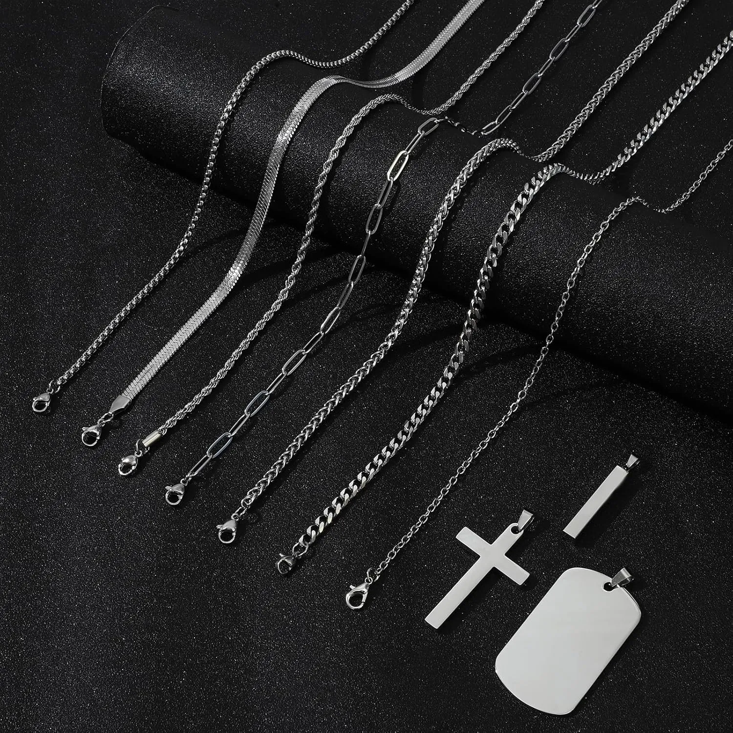 NEWITIN 15 Pieces Silver Jewelry Set for Men Stainless Steel Cuban Link Necklace Bracelet Cross Pendant Necklace Vintage Ring Cuban Jewelry Set for Men Women