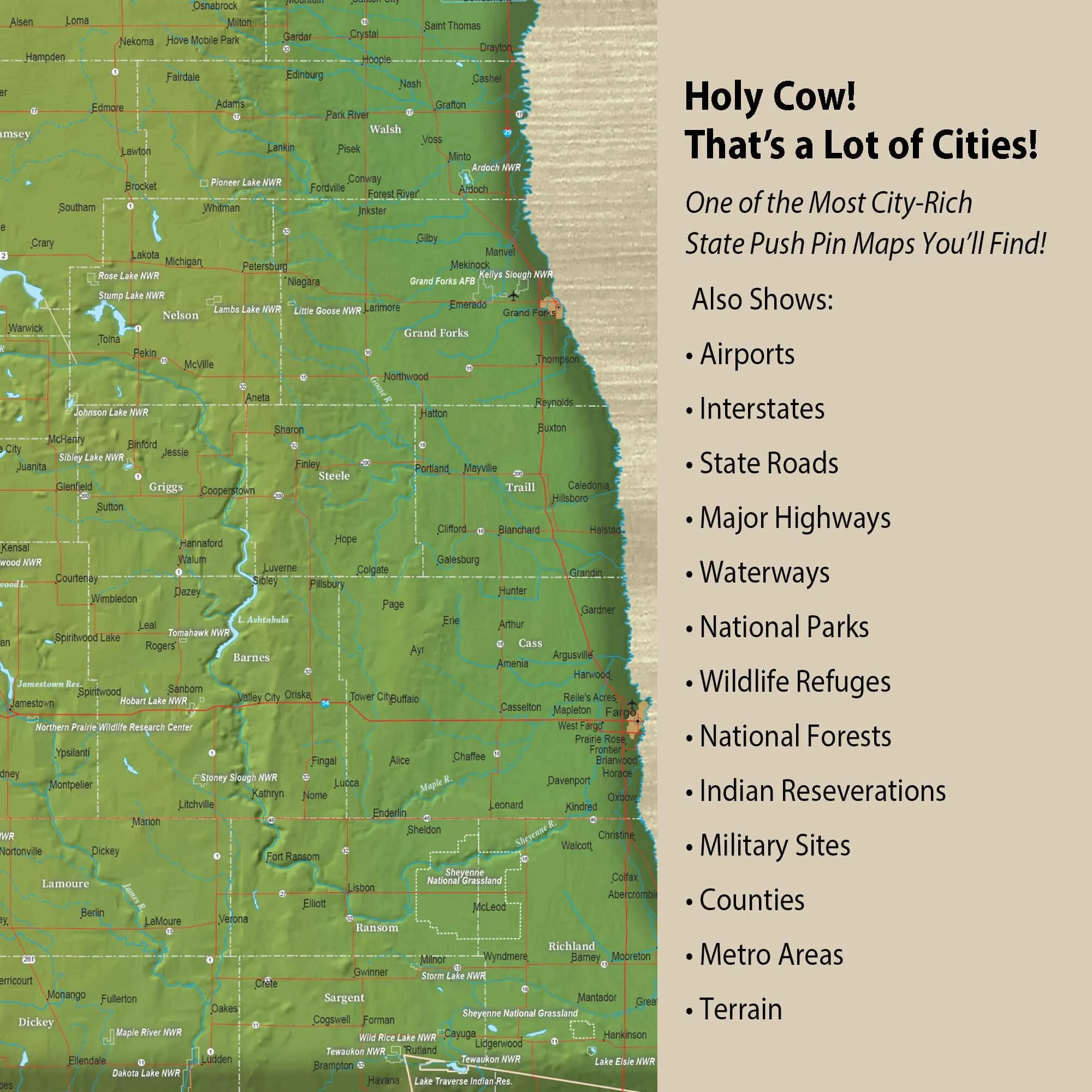 North Dakota Push Pin Terrain Map