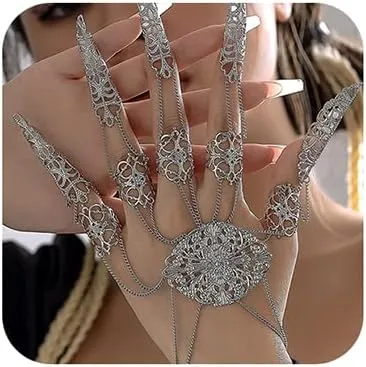 Octwine Pack of 1 Punk Ancient Queen Finger Nails Tip Claw Bracelet Belly Dance Hand Chain Cosplay Costume Jewelry for Women (Silver)