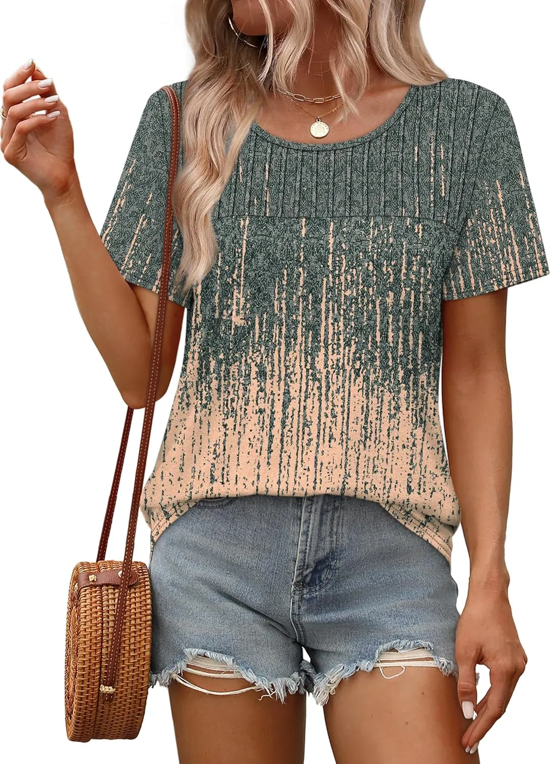OFEEFAN Women's Clothing Trendy Short Sleeve Summer Tops Dressy Casual Crewneck T Shirts Plus Size Spring Clothes Loose Fit