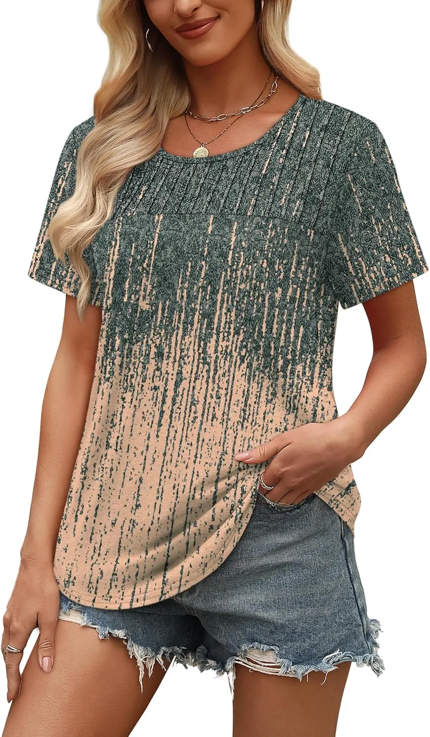 OFEEFAN Women's Clothing Trendy Short Sleeve Summer Tops Dressy Casual Crewneck T Shirts Plus Size Spring Clothes Loose Fit