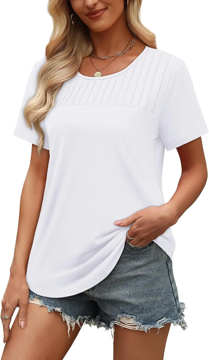 OFEEFAN Women's Clothing Trendy Short Sleeve Summer Tops Dressy Casual Crewneck T Shirts Plus Size Spring Clothes Loose Fit