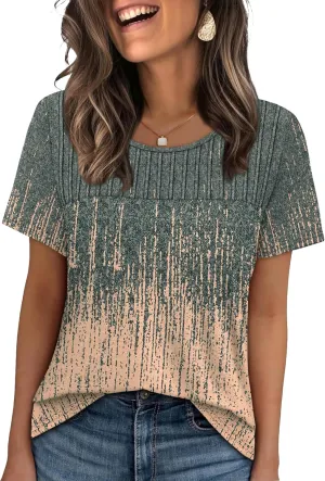 OFEEFAN Women's Clothing Trendy Short Sleeve Summer Tops Dressy Casual Crewneck T Shirts Plus Size Spring Clothes Loose Fit