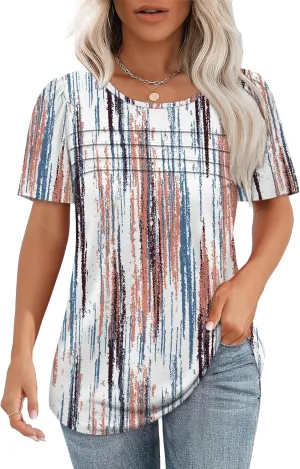 OFEEFAN Womens T Shirts Short Sleeve Tops Dressy Casual Blouses Spring Summer Outfits Flowy Pleated Front Scooped Neck