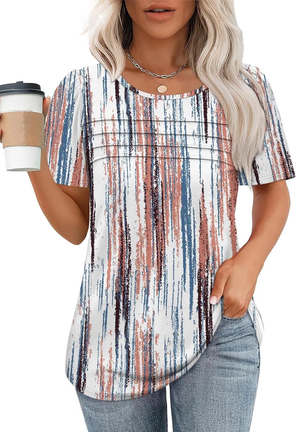 OFEEFAN Womens T Shirts Short Sleeve Tops Dressy Casual Blouses Spring Summer Outfits Flowy Pleated Front Scooped Neck