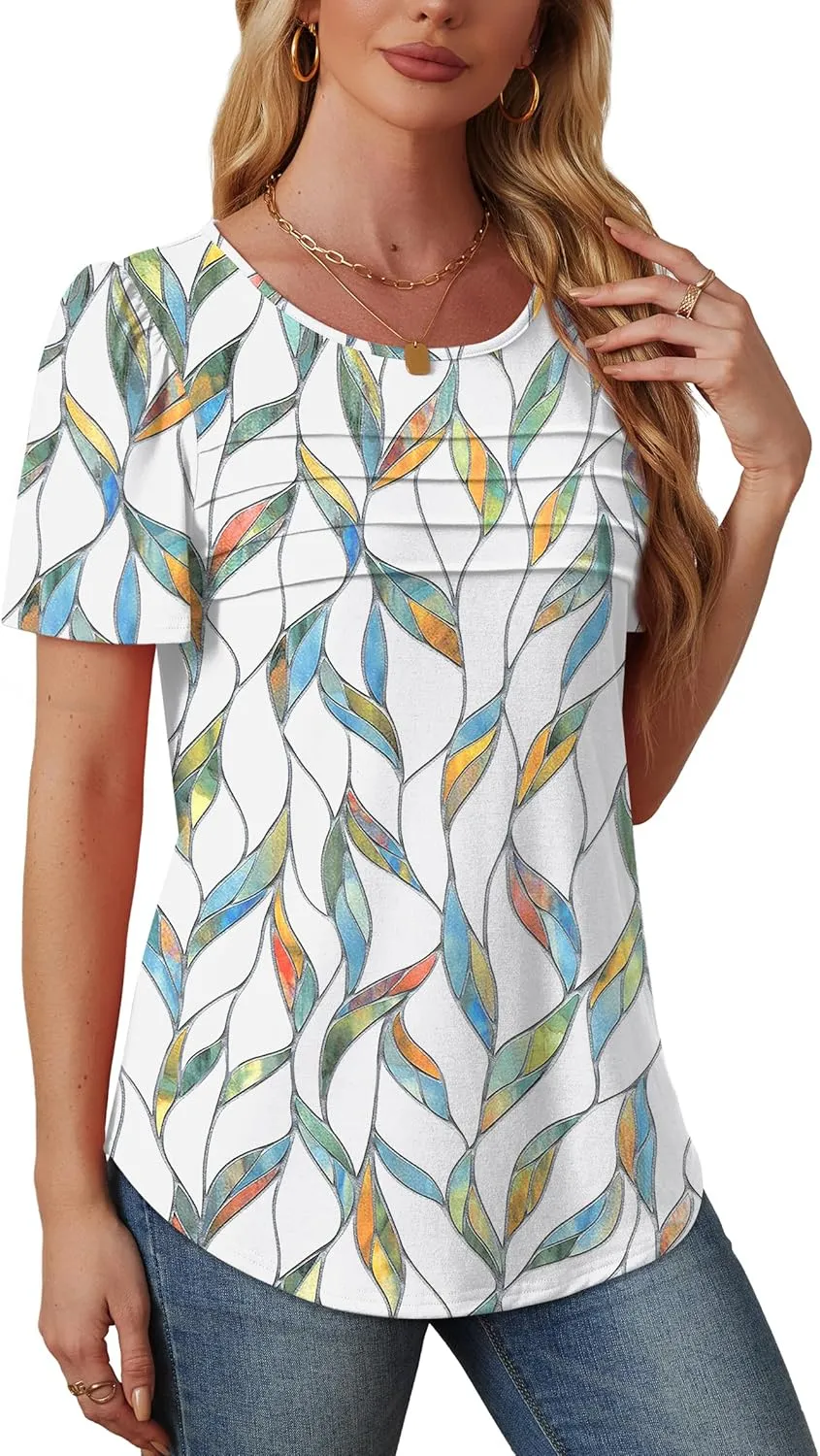 OFEEFAN Womens T Shirts Short Sleeve Tops Dressy Casual Blouses Spring Summer Outfits Flowy Pleated Front Scooped Neck