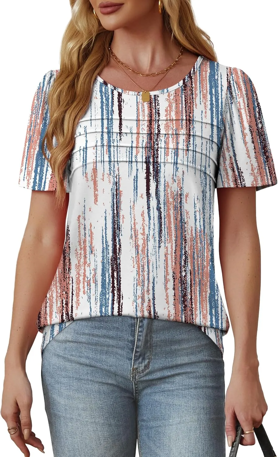 OFEEFAN Womens T Shirts Short Sleeve Tops Dressy Casual Blouses Spring Summer Outfits Flowy Pleated Front Scooped Neck