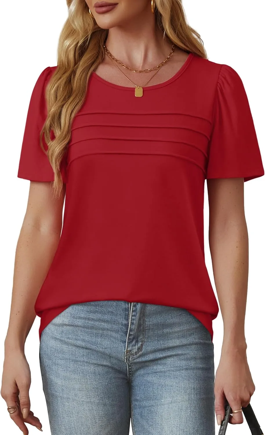 OFEEFAN Womens T Shirts Short Sleeve Tops Dressy Casual Blouses Spring Summer Outfits Flowy Pleated Front Scooped Neck