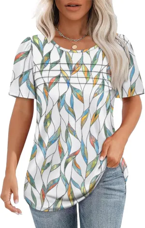 OFEEFAN Womens T Shirts Short Sleeve Tops Dressy Casual Blouses Spring Summer Outfits Flowy Pleated Front Scooped Neck