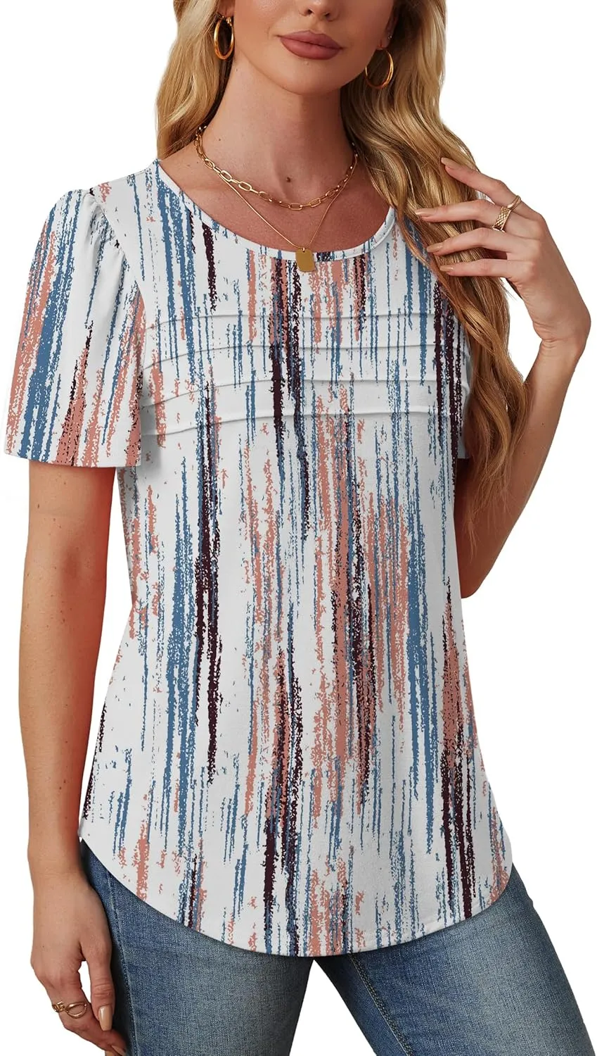 OFEEFAN Womens T Shirts Short Sleeve Tops Dressy Casual Blouses Spring Summer Outfits Flowy Pleated Front Scooped Neck