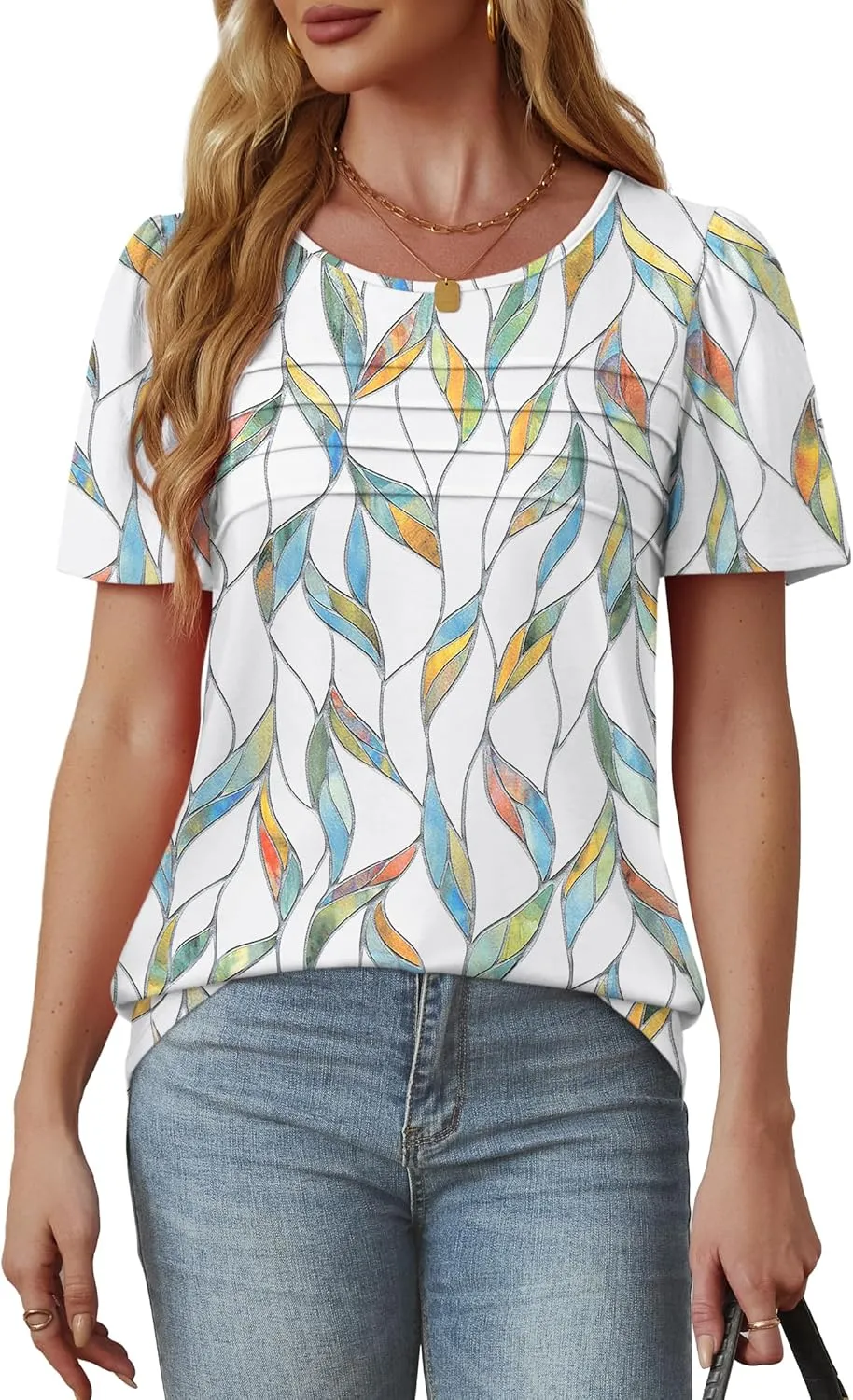 OFEEFAN Womens T Shirts Short Sleeve Tops Dressy Casual Blouses Spring Summer Outfits Flowy Pleated Front Scooped Neck