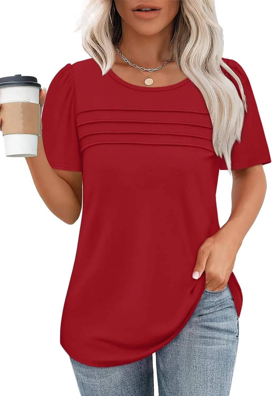 OFEEFAN Womens T Shirts Short Sleeve Tops Dressy Casual Blouses Spring Summer Outfits Flowy Pleated Front Scooped Neck