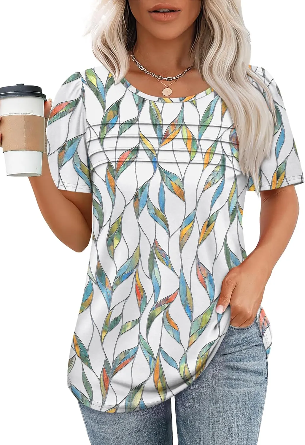 OFEEFAN Womens T Shirts Short Sleeve Tops Dressy Casual Blouses Spring Summer Outfits Flowy Pleated Front Scooped Neck