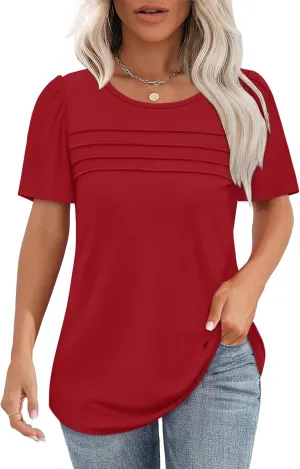 OFEEFAN Womens T Shirts Short Sleeve Tops Dressy Casual Blouses Spring Summer Outfits Flowy Pleated Front Scooped Neck