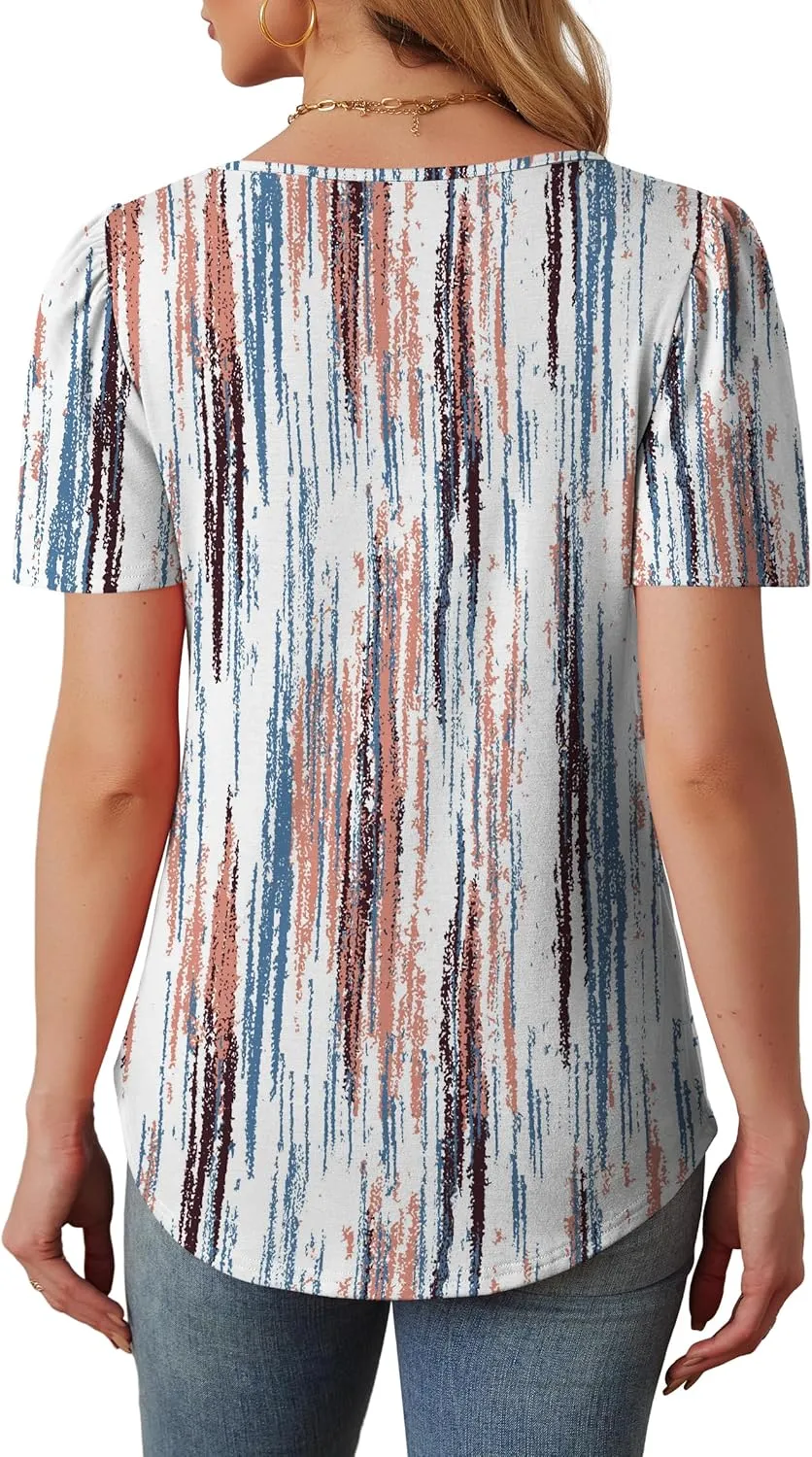 OFEEFAN Womens T Shirts Short Sleeve Tops Dressy Casual Blouses Spring Summer Outfits Flowy Pleated Front Scooped Neck