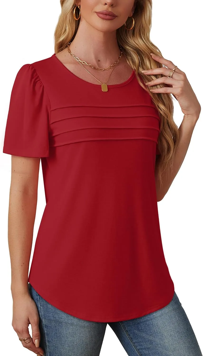 OFEEFAN Womens T Shirts Short Sleeve Tops Dressy Casual Blouses Spring Summer Outfits Flowy Pleated Front Scooped Neck