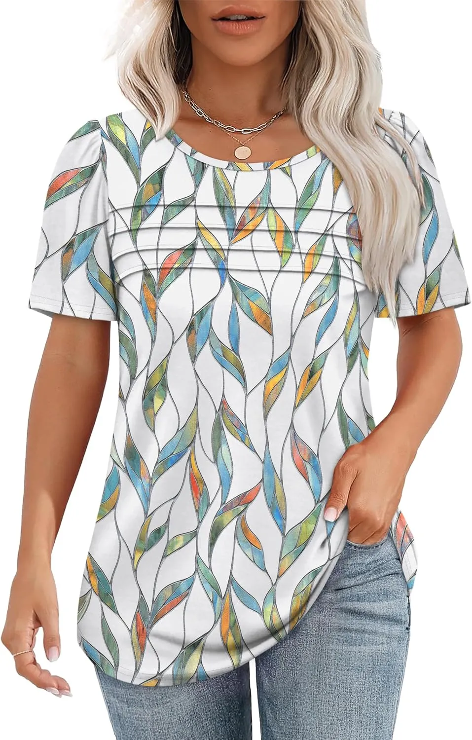 OFEEFAN Womens T Shirts Short Sleeve Tops Dressy Casual Blouses Spring Summer Outfits Flowy Pleated Front Scooped Neck
