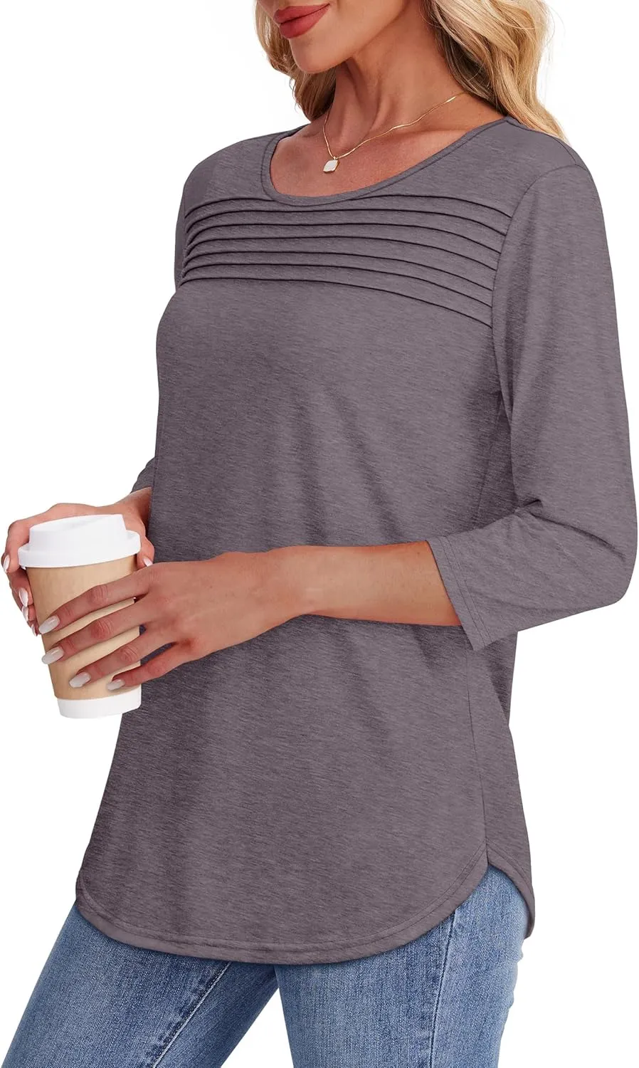 OFEEFAN Womens Tops 3/4 Length Sleeve Blouses Dressy Casual Spring Summer Outfits Pleated Front T Shirts Curved Hem
