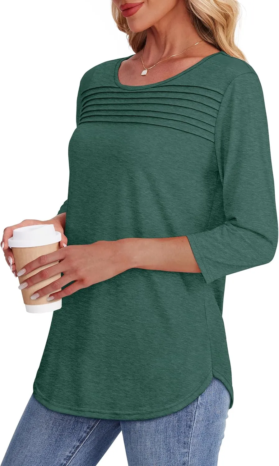 OFEEFAN Womens Tops 3/4 Length Sleeve Blouses Dressy Casual Spring Summer Outfits Pleated Front T Shirts Curved Hem