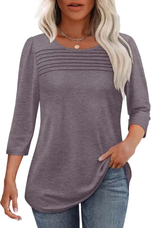 OFEEFAN Womens Tops 3/4 Length Sleeve Blouses Dressy Casual Spring Summer Outfits Pleated Front T Shirts Curved Hem