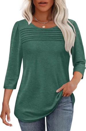 OFEEFAN Womens Tops 3/4 Length Sleeve Blouses Dressy Casual Spring Summer Outfits Pleated Front T Shirts Curved Hem