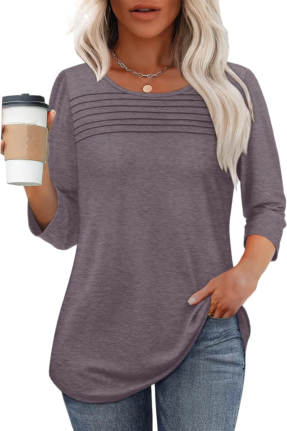 OFEEFAN Womens Tops 3/4 Length Sleeve Blouses Dressy Casual Spring Summer Outfits Pleated Front T Shirts Curved Hem