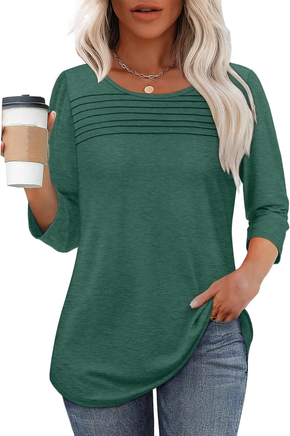 OFEEFAN Womens Tops 3/4 Length Sleeve Blouses Dressy Casual Spring Summer Outfits Pleated Front T Shirts Curved Hem