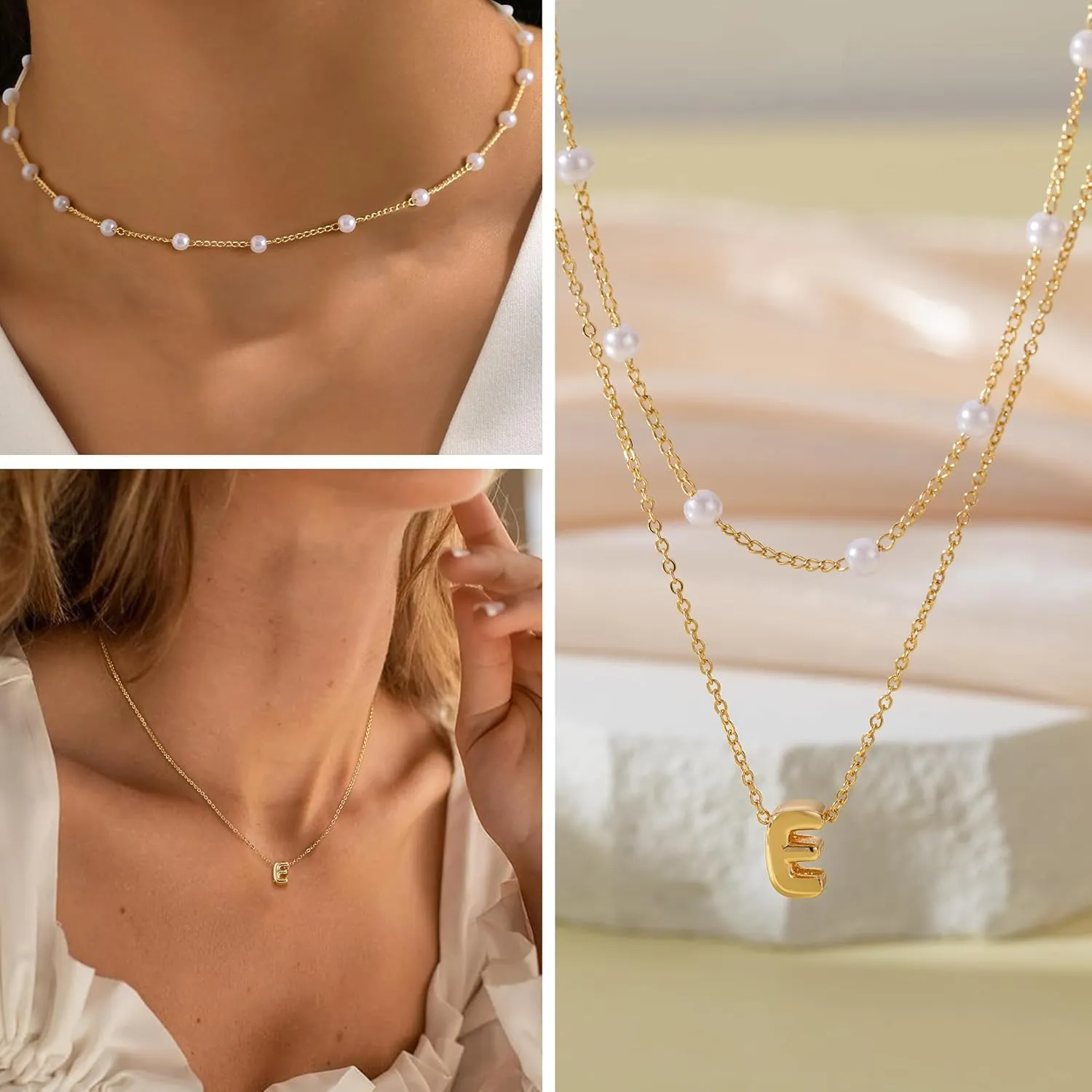 OOOPEL Gold Layered Pearl Initial Necklaces for Women Non Tarnish 14K Gold Plated Necklaces Durable Waterproof Dainty A-Z Pendant Choker Small Pearl Letter Necklace Personalized Jewelry Gifts
