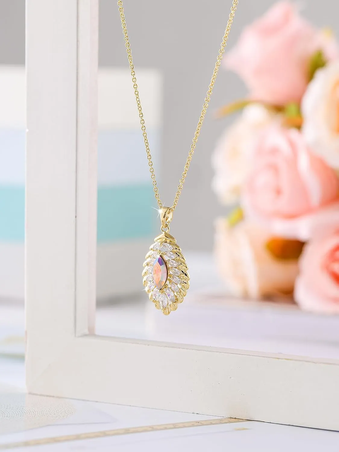 Oval Crystal Pendant Necklaces for Women 14K Glod Plated Jewelry
