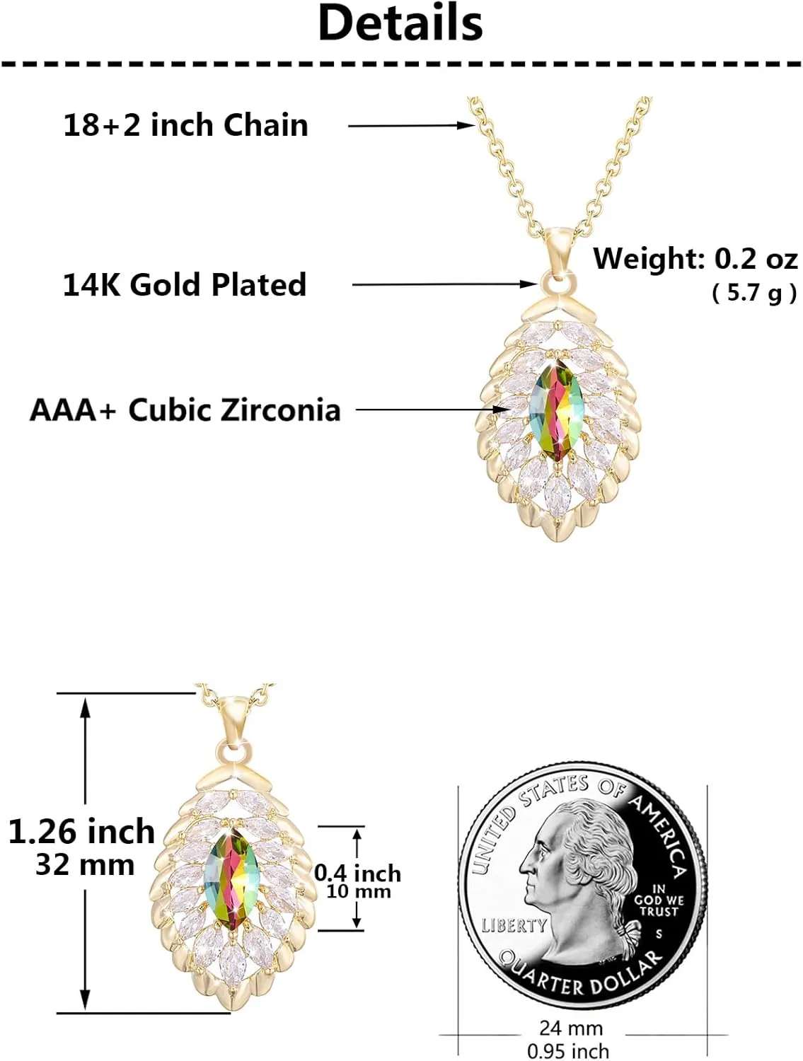 Oval Crystal Pendant Necklaces for Women 14K Glod Plated Jewelry