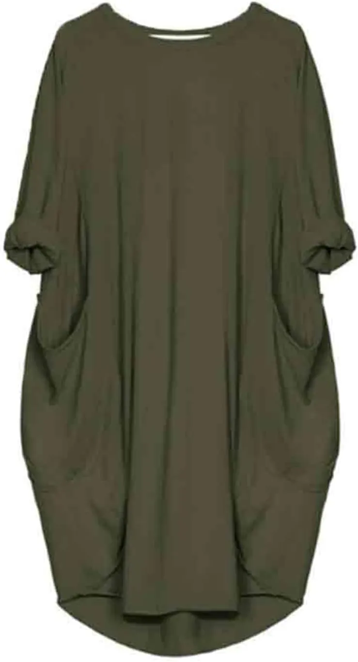 Oversize T-Shirts for Women with Pockets Fashion Summer Baggy Long Sleeve T Shirt Solid Basic Tees Top Beach Mini Dress