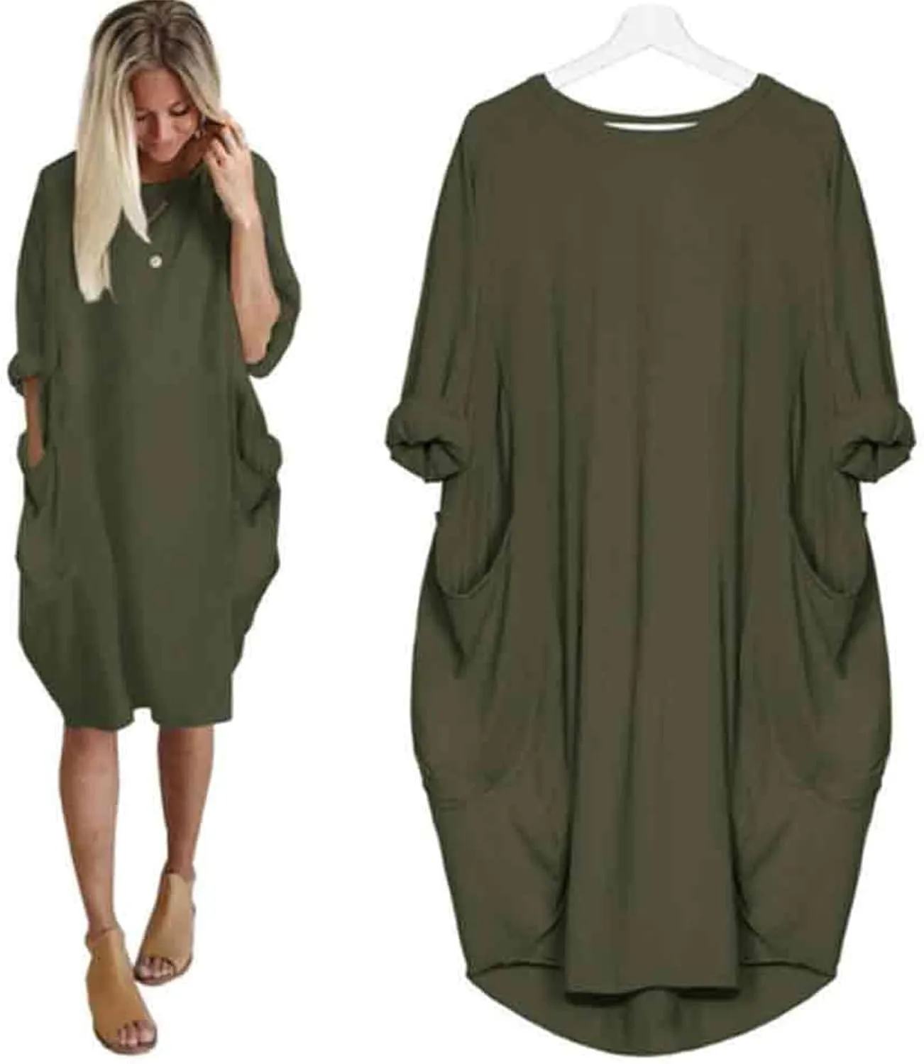 Oversize T-Shirts for Women with Pockets Fashion Summer Baggy Long Sleeve T Shirt Solid Basic Tees Top Beach Mini Dress