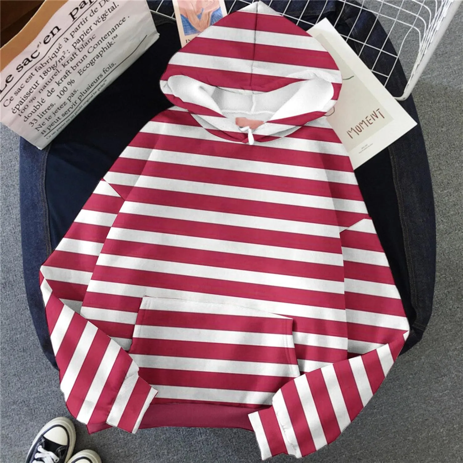 Oversized Striped Hoodies Sweatshirt for Women Trendy Plus Size Sweatshirts with Pockets Casual Loose Pullover Clothe