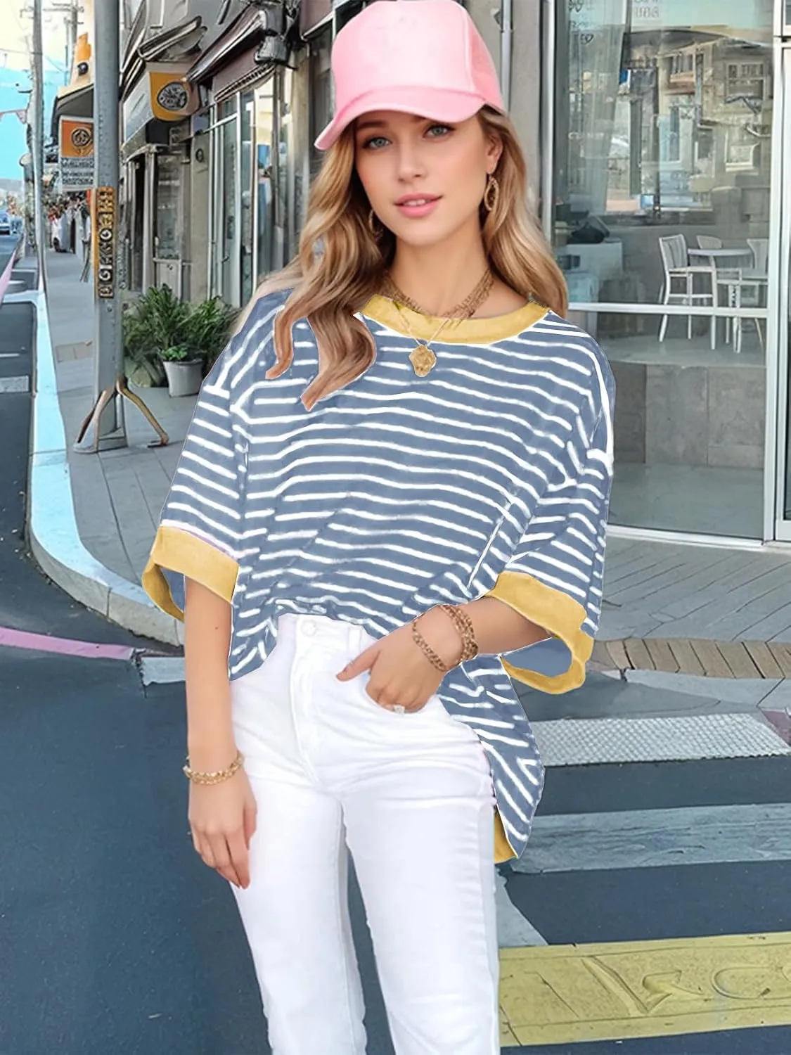 Oversized T Shirts for Women Casual Short Sleeve Striped Knit Shirt Crewneck Sweatshirts High Low Loose Blouse Tops