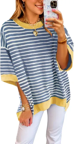 Oversized T Shirts for Women Casual Short Sleeve Striped Knit Shirt Crewneck Sweatshirts High Low Loose Blouse Tops