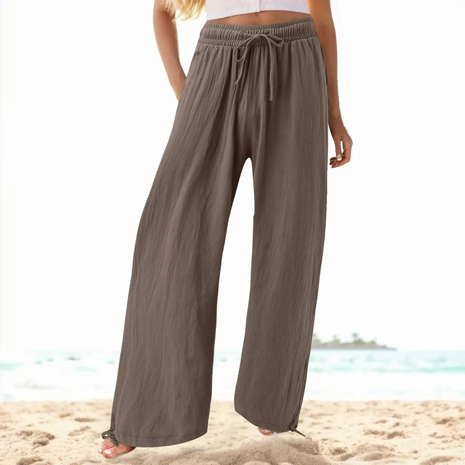 Palazzo Pants for Women Drawstring High Waist Summer Casual Boho Pants Straight Wide Leg Plus Size Loose Fit Trousers